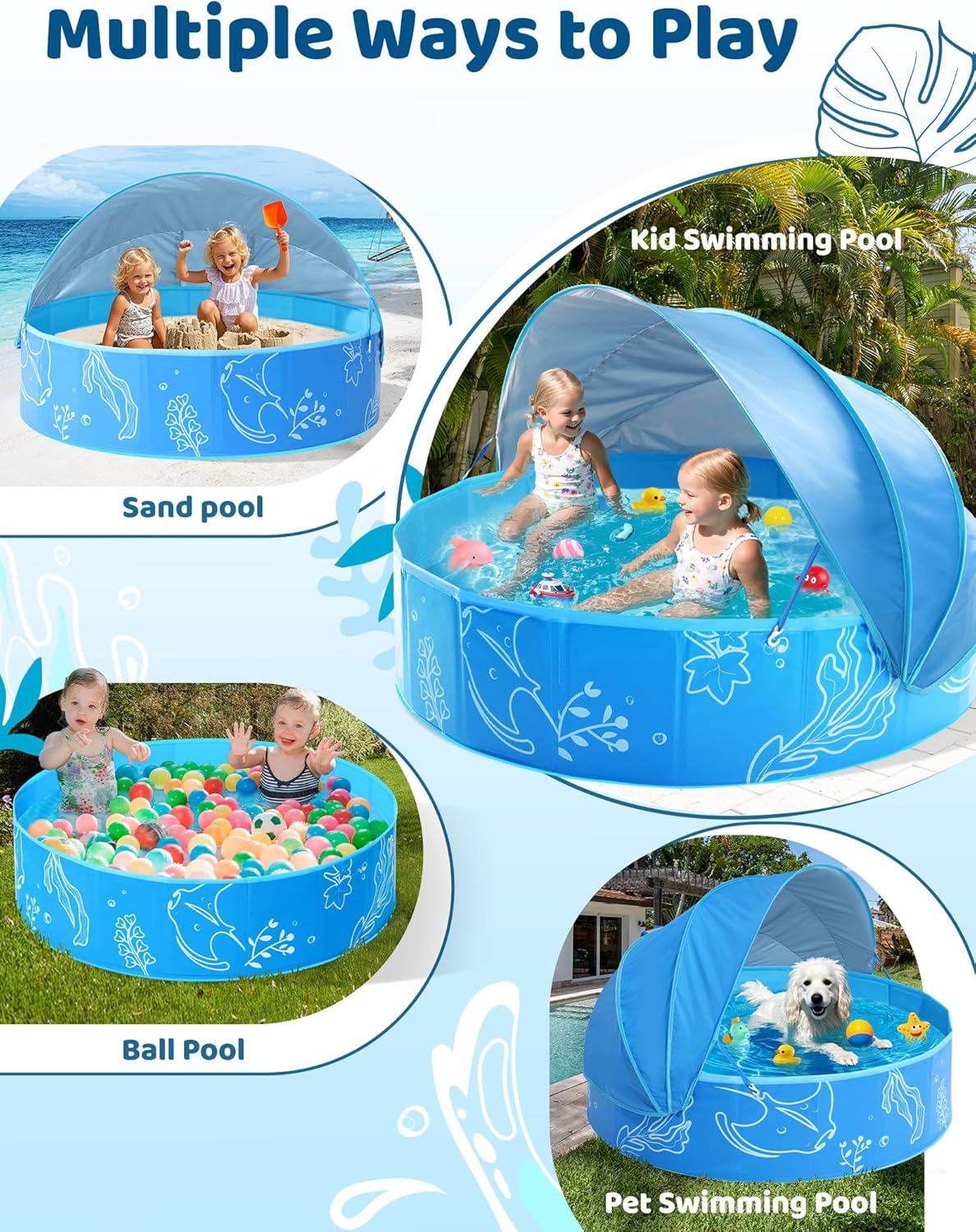 Foldable Kiddie Pool with Canopy: 47in Baby Pool and Beach Tent for Toddlers Infants 6-12 Months and Kids 2-4 Years Old - Portable Water Play with Shade for Outdoor Backyard Beach (Blue-Blue)