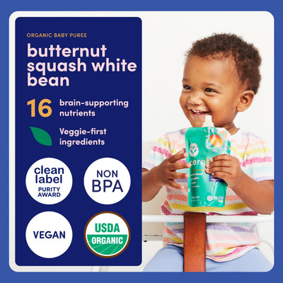 Cerebelly Organic Baby Food Pouches, Butternut Squash White Bean Purees, 16 Nutrients, No Added Sugar, Fiber & Non-GMO, 4oz, 6 Pack