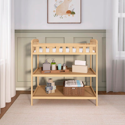 Dream On Me Emily Changing Table, Compact and Lightweight, Solid New Zealand Pinewood, Elevated Safety Rails, Two Storage Shelves, Includes Water-Resistant 1" Changing Pad — Natural