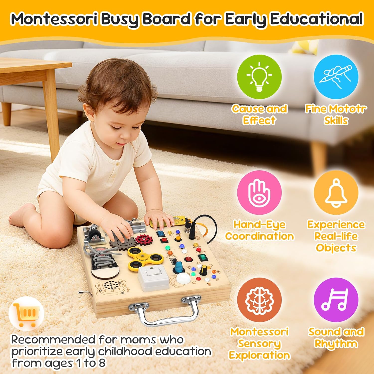 Wooden Busy Board with LED Light–Montessori Baby Learning Toys for Toddlers 1-4, Sensory Activity Board, Travel Toys & Educational Birthday / Christmas Music Gifts for 1+ Year Old Boy (Silver Handle)