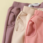 allshope Toddler Baby Girl Fall Pants 3 Pack Active Jogger Casual Athletic Trousers Solid Color Pocket Elastic Waist Harem Bottoms (Apricot Pink Purple, 12-18 Months)