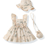 Renotemy Baby Girl Summer Dress Infant Boho Outfits Beige Casual Floral Sundress with Hat and Bag Sleeveless Party Beach Vintage Dresses Baby Girl Clothes 6-9 Months 12 Months