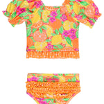 RuffleButts Baby/Toddler Girls UPF50+ Puff Sleeve Ruffle Tankini 2-Piece Swimsuit - Neon Squeeze The Day, 2T