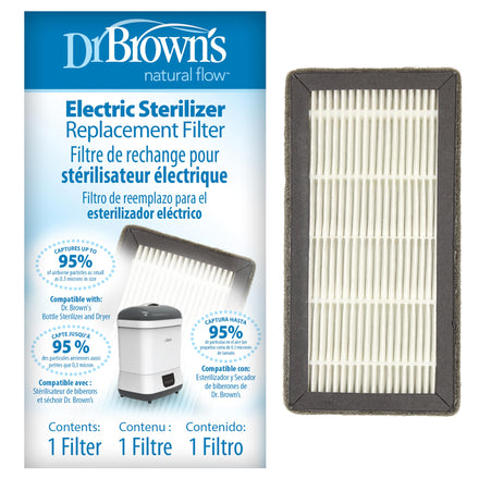 Dr Brown's electric sterilizer replacement filter with packaging on a white background
