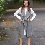 PATPAT Girls Spring Fall Outfit – Ribbed Knit Dress with Classic Plaid Cardigan – School & Photo Day Clothes, White Houndstooth, 5–6 Years