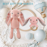 Pink Bunny Wooden Baby Rattle 2 PCS 10'' Rabbit Crochet Cotton Stuffed Animal Toys Set for Baby: Rabbit Plush Doll Toy and 5.9'' Baby Rattle Teddy Bear for Newborn Baby Shower Birthday Gift