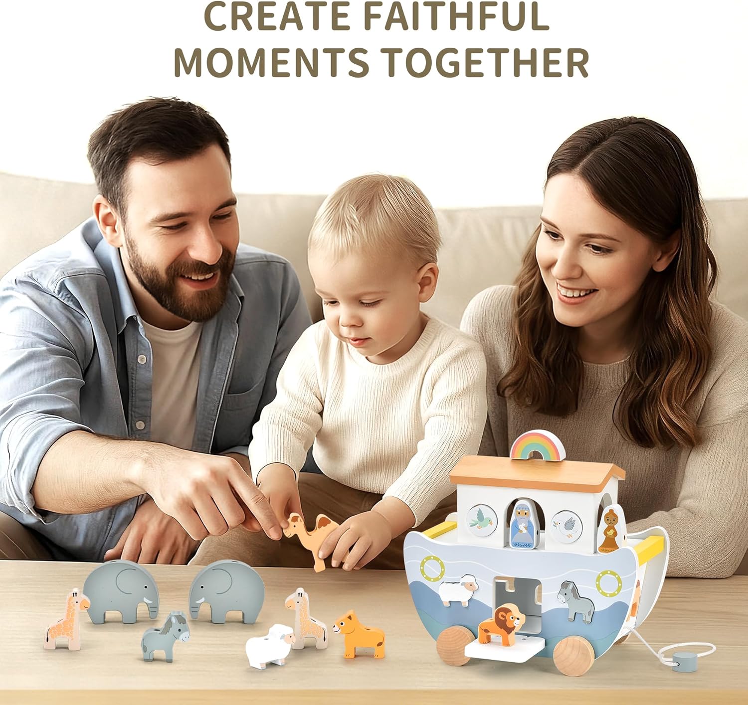 Wooden Noah's Ark Pull Along Toy with Bible Story Cloth Book - Montessori Sorting Set for Toddlers - Religious Baptism Gift for Boys & Girls -Christian Preschool Learning Toy for Kids