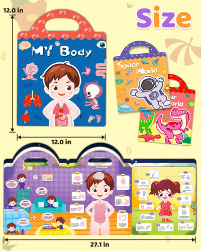 Benresive Reusable Sticker Books for Kids 2-4, Sticker Books for Toddlers 1-3 2-4, Toddler Travel Toys Activities Crafts Gifts - Dinosaurs, Space and Body
