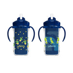 Two children's sippy cups with blue lids and handles, featuring cartoon characters and 'Dr. Brown's' branding on a white background.