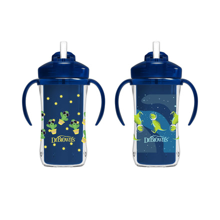 Two children's sippy cups with blue lids and handles, featuring cartoon characters and 'Dr. Brown's' branding on a white background.