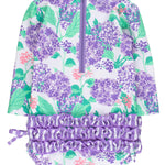 RuffleButts Baby Girls UPF 50+ Sun Protection Floral Printed Long Sleeve One Piece Rash Guard Swimsuit with Zipper - Purple Hydrangea Garden, 3-6m