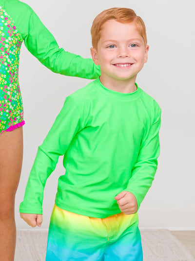 RUGGEDBUTTS® Baby/Toddler Boys Long Sleeve Rash Guard Swim Shirt w/UPF 50+ - Neon Lime, 2T