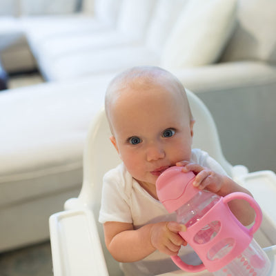 Dr. Brown's Milestones Wide-Neck Sippy Straw Bottle, Spill-Proof with 100% Silicone Handles and Weighted Straw, 9 oz/270 mL, Gray & Pink, 6m+, 2-Pack
