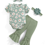 Vibebox Baby Girl Clothes 3-6 Months Summer Short Sleeve Outfits Spring Coming Home Clothing Infant Girls 6 Months Green Daisy Ruffle Romper Tops Bell Bottoms Pants Bow Sets with Floral Headband