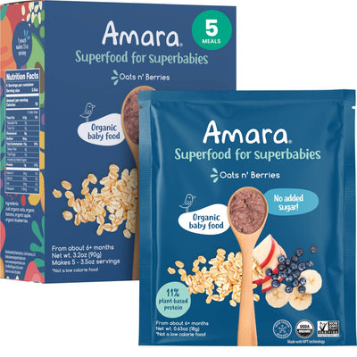 Amara organic baby food packaging for 'Oats n' Berries' with a wooden spoon and ingredients illustration.