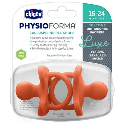 Chicco PhysioForma Luxe Orthodontic Pacifier for Babies 16-24 Months, One-Piece 100% Soft Silicone, Supports Breathing, Textured Shield & Handle, Sterilizing Case, BPA Free, 2-Pack, Terracotta