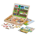 Wooden puzzle set with magnetic pieces and a scene on a white background