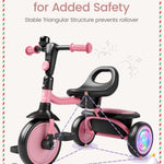 besrey Kids Tricycle with Flash Wheels for Ages 18 Months to 5 Years, Toddler Tricycle with Bell, Kids Tricycle, Gift for 2-5 Year Olds, Gift and Toy for Boys and Girls, Tricycle for Toddlers, Pink