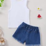 Mikrdoo Toddler Girl Summer Outfits Sleeveless Watermelon Tank Top + Denim Shorts Clothing Set (12-18 Months, White)
