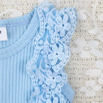 KAFIREN Baby Girl Clothes 3-6 Months Newborn Romper Dress Infant Lace Ruffle Sleeveless Summer Outfits with Headband Blue Flower 3-6 Months 80cm