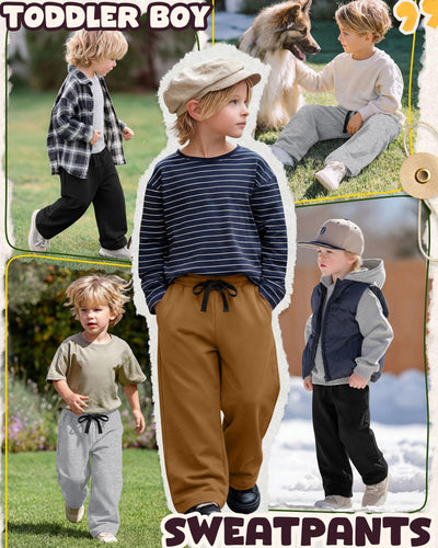 LessonZoo 3 Pack Toddler Boys Sweatpants Kid Open Bottom Athletic Elastic Waist Soft Lightweight Pants with Pocket Drawstring