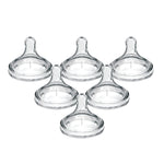 Set of five clear baby bottle nipples with number 2 on a white background