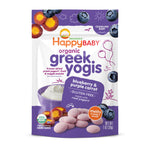 Happy Baby Organic Greek Yogis package with blueberries and purple carrots on a white background