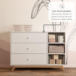 dadada Central Park 3-Drawer Dresser with Open Shelving - Modern Design, Baby-Safe Finish, Forged Steel Support, Sturdy Wood Legs, for Nursery, Kids or Teen Room, 47" Wide (White+Natural)