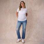 Motherhood Maternity Women's Short Sleeve Crew Neck Nursing Tee Shirt for Breastfeeding with Easy Access, White, Large