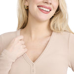 Motherhood Maternity Women's Long Sleeve V-Neck Side Ruched Henley Pregnancy Tee Shirt, Moonlight, Large