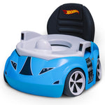 Blue car-shaped potty chair with Hot Wheels logo on a white background
