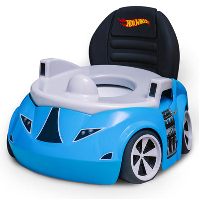 Blue car-shaped potty chair with Hot Wheels logo on a white background