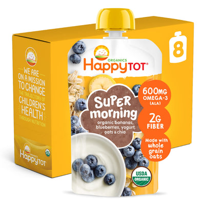 Happy Tot Super Morning organic snack package with blueberries and text on a white background