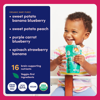 Cerebelly Organic Baby Food Pouches, Smoothie Variety Pack, No Added Sugar & Non-GMO, 4 oz, 24 Count