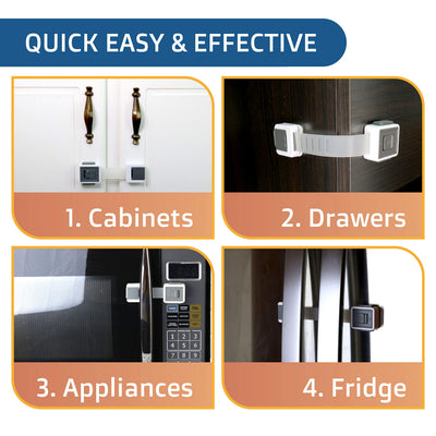 Child Safety Locks (4-Pack) - Baby Proof Cabinets, Drawers, Ovens & Toilets - Adjustable Strap Length, Double Lock Option - Easy Latch for Adults to Open