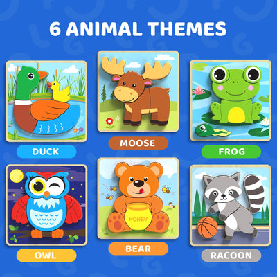 BenBen Wooden Puzzles for Toddlers 1-3, 6 Pack Animal Puzzles for Toddlers 2-4, Montessori Toys for 1 2 3 Year Old Boys Girls, Learning Educational Preschool Toys