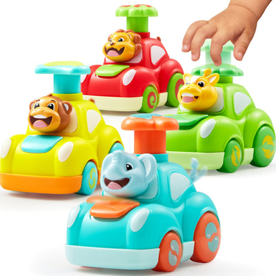 JOYIN Animal Toy Cars, Toddler Toys for Boys Girls, 4 Pack Press and Go Cars Including Elephant, Monkey, Giraffe and Lion, Wind Up Toddler Present, Birthday Gift for Kids