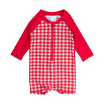 RUGGEDBUTTS Baby/Toddler Boy Swimsuit, One Piece Zipper Rash Guard Sunsuit with UPF 50+ Sun Protection - Vintage Red Gingham, 0-3m