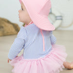 RuffleButts Baby Girls UPF 50+ Sun Protection Tulle Skirted Long Sleeve One Piece Rash Guard Swimsuit - Periwinkle Blue Seersucker, 12-18m