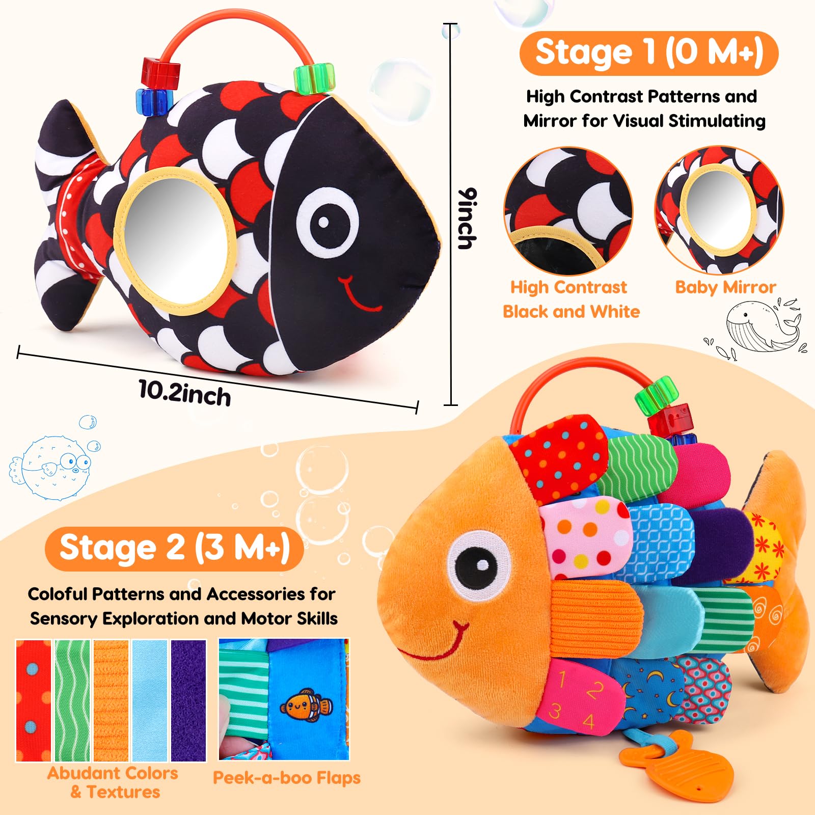 Baby Sensory Tummy Time Toys 0-6 Months Music Fish Toy for Newborn 3 4 5 6 Month Old Black and White High Contrast Infant Toys with Mirror Crinkle Rattle for 3-6 6-12 Months Baby Boy Girl Shower Gifts