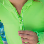 RuffleButts Girls UPF50+ Sun Protective Ruched Quarter-Zip Cover-Up - Neon Honeydew, 3-6m