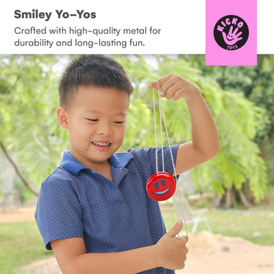 Kicko Metal Smiley Faces Yo-Yos for Kids - 2-Inch Assorted Colors Emoji Yo Yos - Versatile Smile Toys Party Bag Collection - Yoyo Party Favors and Bag Fillers for Themed Parties - Pack of 12