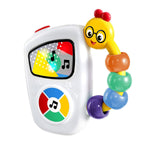 Colorful toy with a worm-like figure and interactive screen on a white background