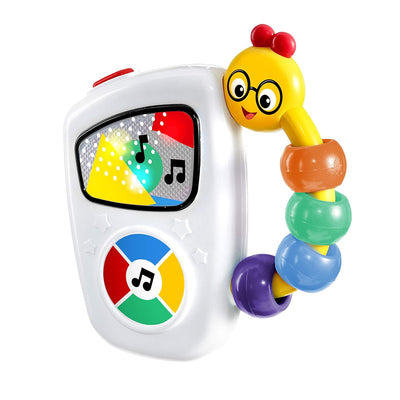 Colorful toy with a worm-like figure and interactive screen on a white background