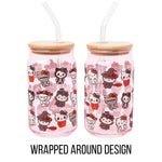 Silver Buffalo Sanrio Hello Kitty and Friends Halloween Spooky Costumes Ghost Witch Vampire Zombie Frankenstein Skeleton Pink Glass Jar Tumbler with Bamboo Lid and Glass Straw, 16 Ounces