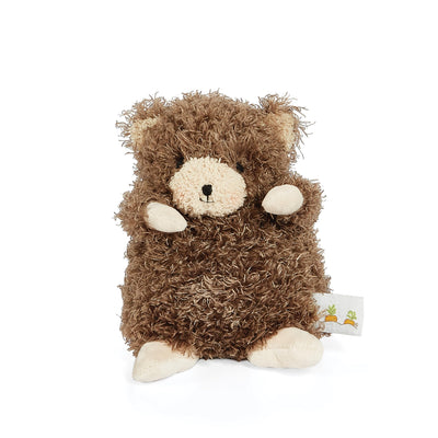 Brown plush toy with a white face on a white background