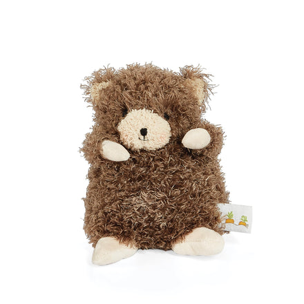 Brown plush toy with a white face on a white background