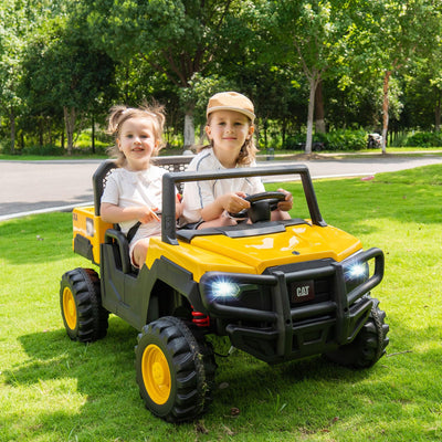 Costzon 2-Seater Licensed Caterpillar Ride on Dump Truck, 24V Kids Car Electric Vehicle with Remote Control, 4 x 100W Motors, Soft Start & Spring Suspension, Kids UTV with Dump Bed, Gift, Yellow