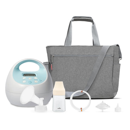 Gray diaper bag with breast pump and accessories on a white background