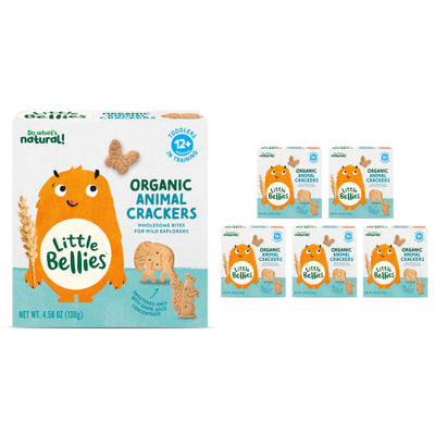 Box of Little Bellies organic animal crackers with cartoon character design on a white background